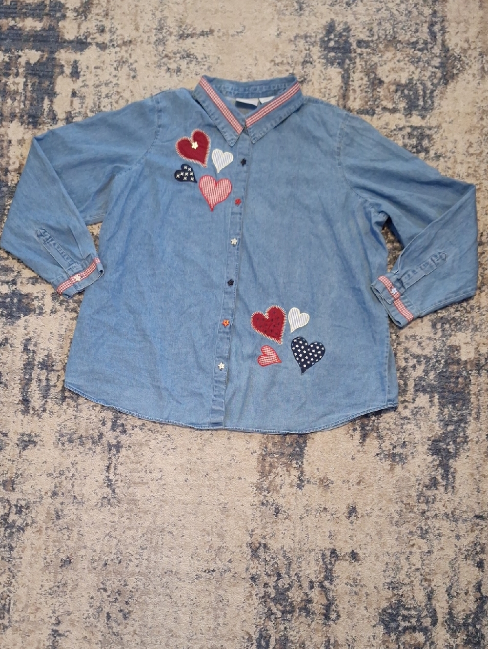 Blair Women's Denim Button-Front Shirt with Heart Patch Details Size 3XL